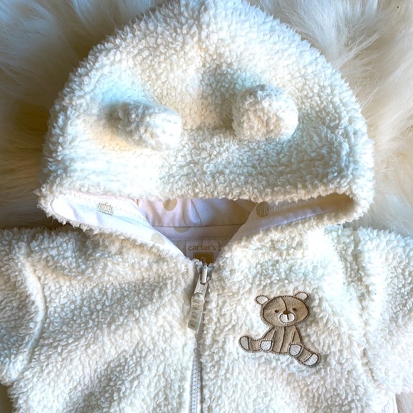 Carter 3 month white and ivory corduroy overalls and fuzzy teddy bear jacket - Picture 6 of 6